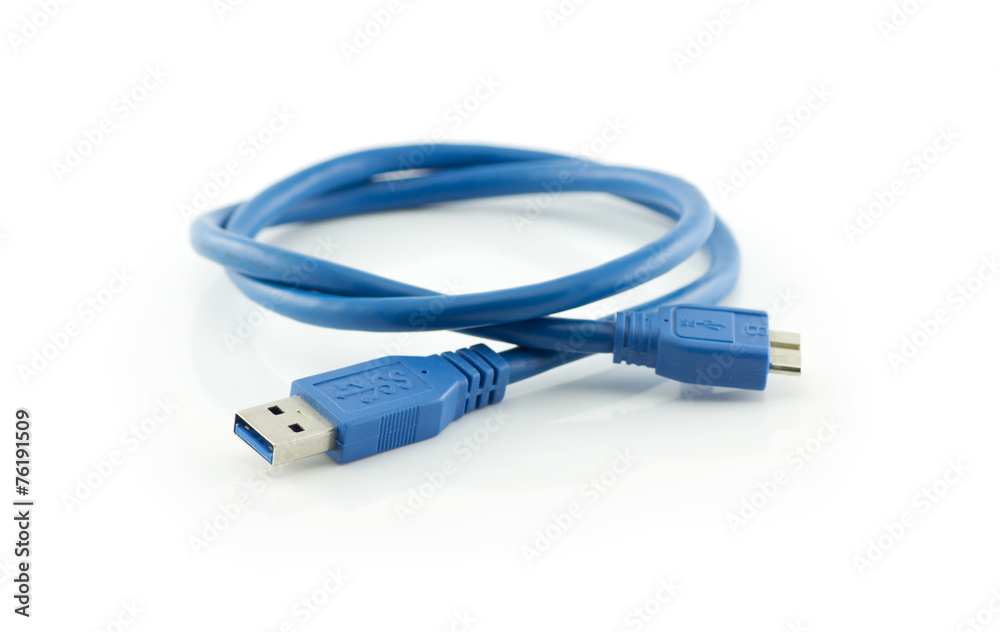 Blue usb 3.0 cable with micro B connector isolated on white back Blue usb 3.0 cable with micro B connector isolated on white back