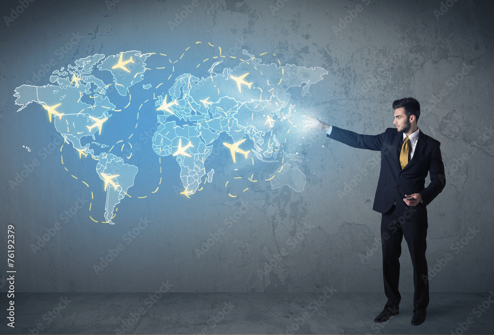 Business person showing digital map with planes around the world Business person showing digital map with planes around the world