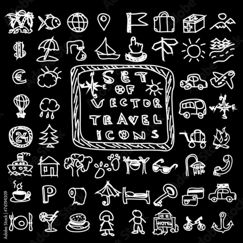 Set of travel vector chalk doodles icons