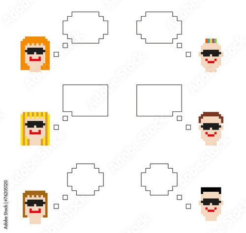 Collection of pixelated characters with speech bubbles