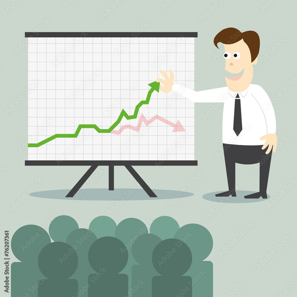 Business man with chart presentation to people Business man with chart presentation to people