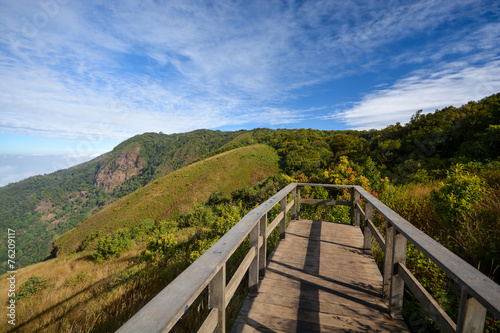 The wooden bridge on mountain landscape