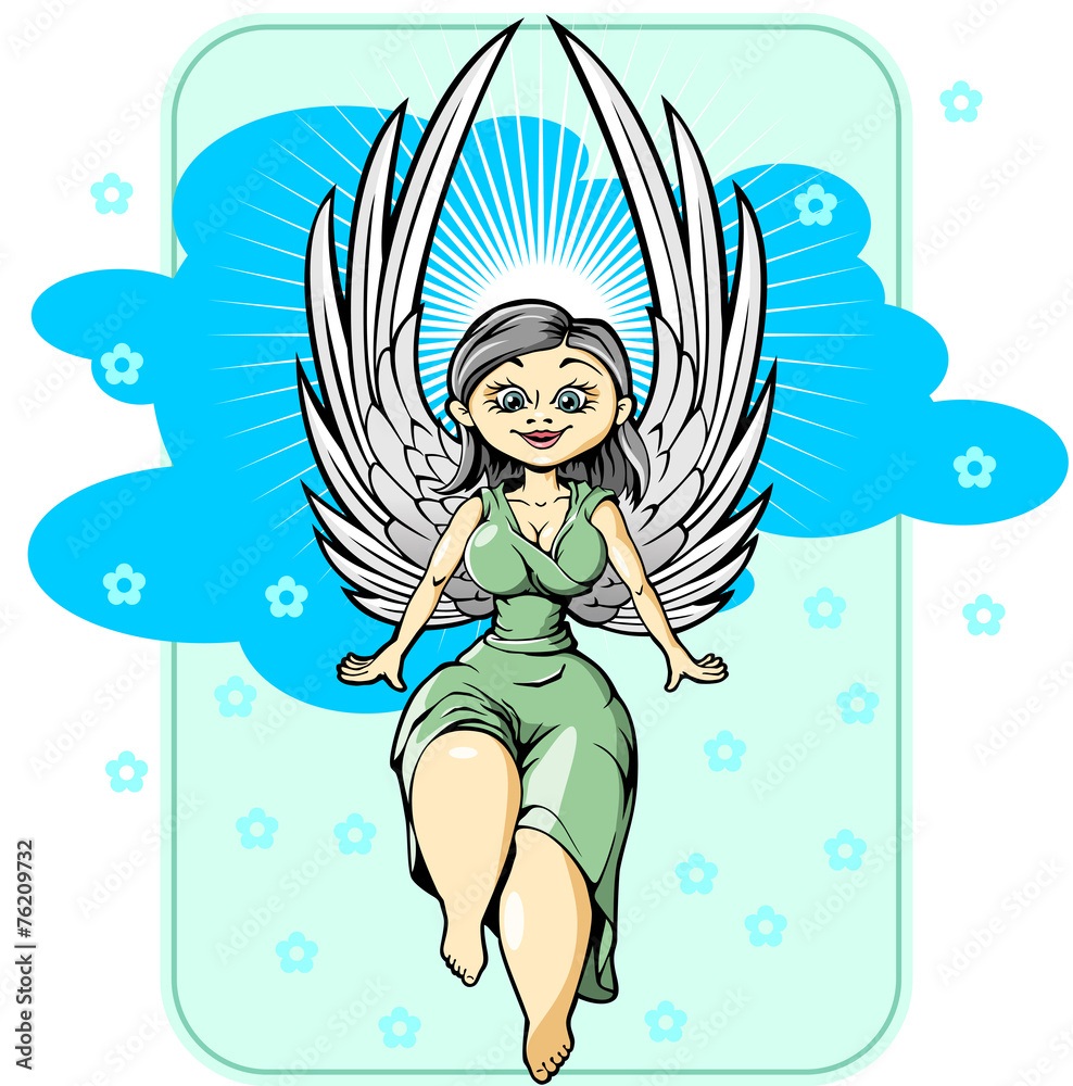 Girl angel with wings, a beautiful fairy flying in the sky vecto
