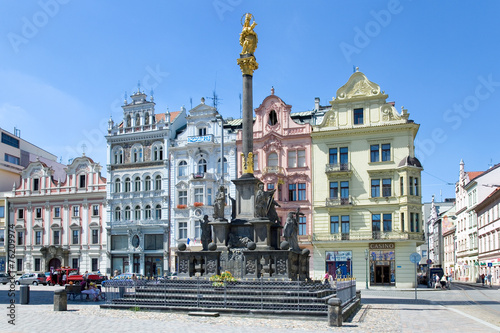 historic houses, Plague column, Plzen, Czech republic