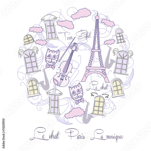 Background with music and Tour Eiffel and saxophone