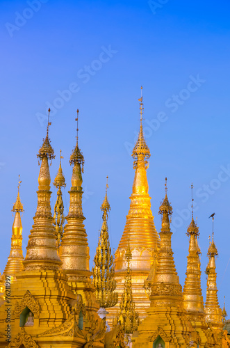 Golden stupa of Shwedagon Pagoda at twilight  Yangon  Myanmar