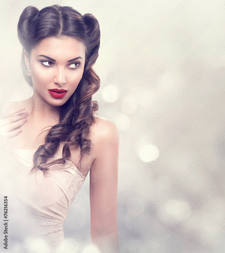 Beauty fashion model retro girl over blinking background Beauty fashion model retro girl over blinking background