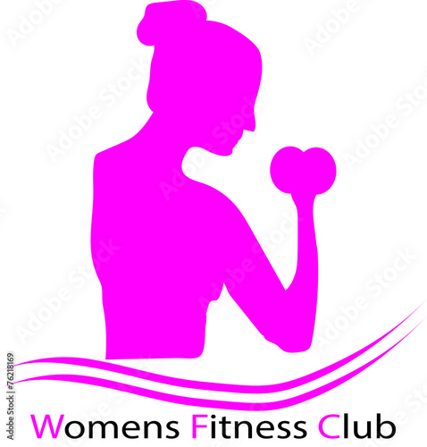 Pink Fitness logo with muscled woman silhouette holds dumbbells