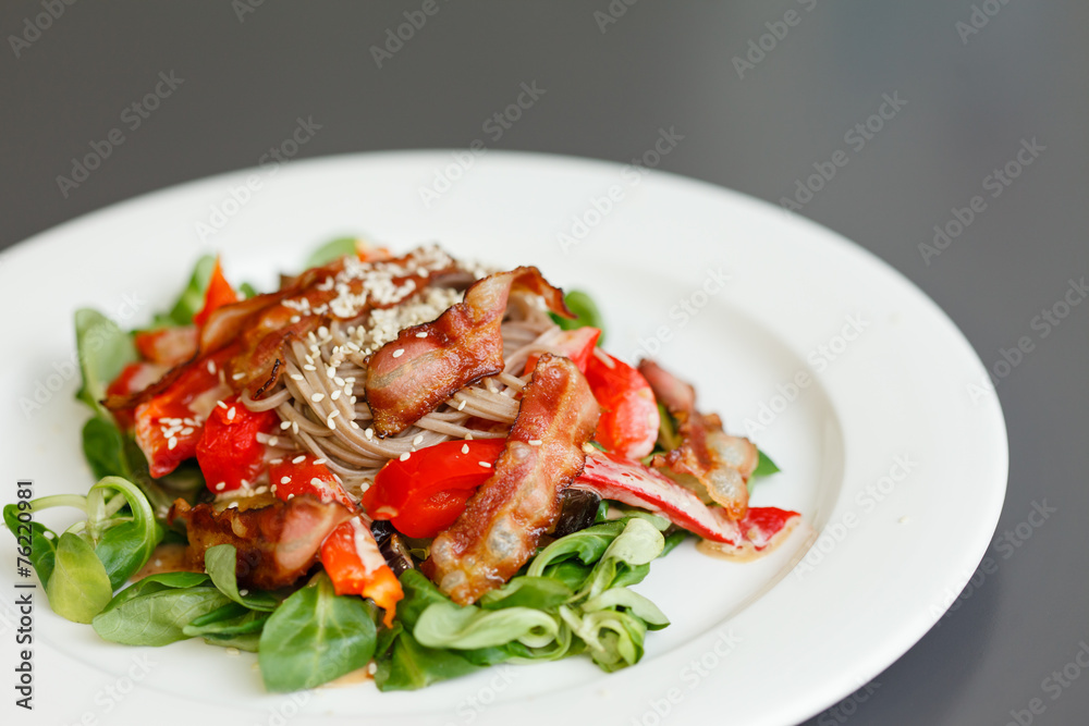 warm salad with noodle and bacon warm salad with noodle and bacon