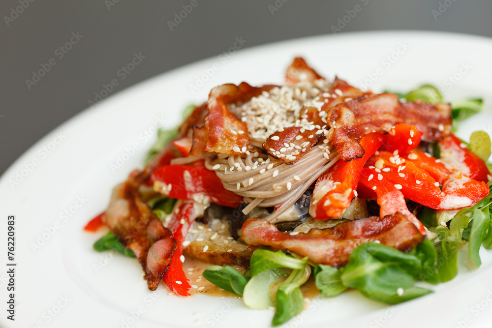 warm salad with noodle and bacon warm salad with noodle and bacon