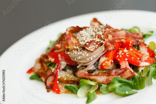 warm salad with noodle and bacon