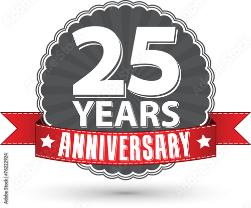 Celebrating 25 years anniversary retro label with red ribbon, ve