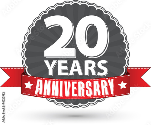 Celebrating 20 years anniversary retro label with red ribbon