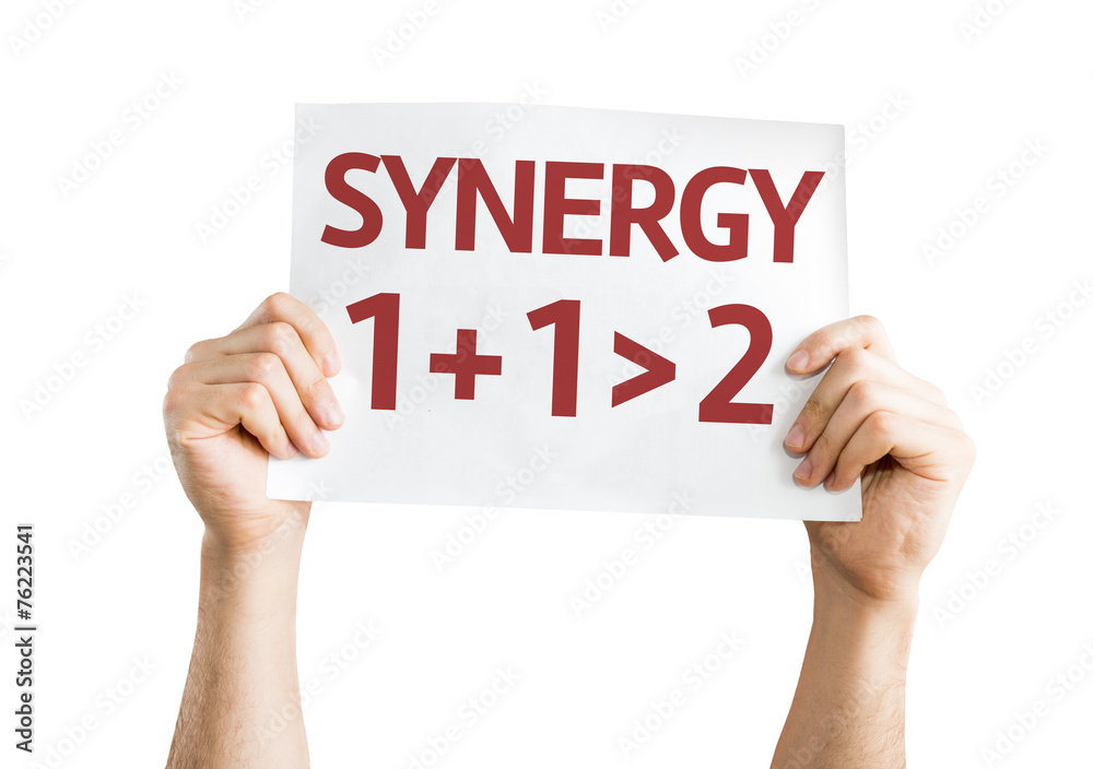 Synergy 1+1>2 card isolated on white background Synergy 1+1>2 card isolated on white background