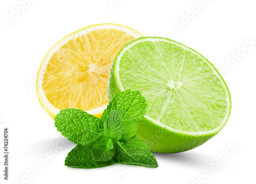 half of lime and lemon with mint leaves isolated on the white ba