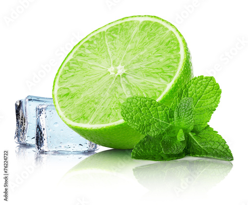 lime slice with mint leaves and ice cubes isolated on the white