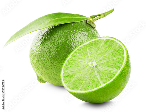Lime with slice and leaf isolated on white background