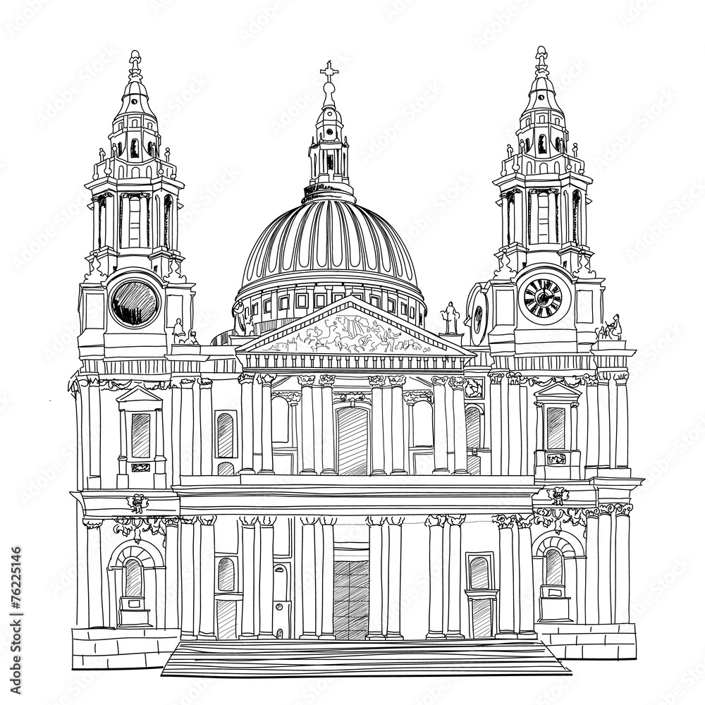 London landmark St. Pauls cathedral. Travel famous place in London. Sketch vector illustration