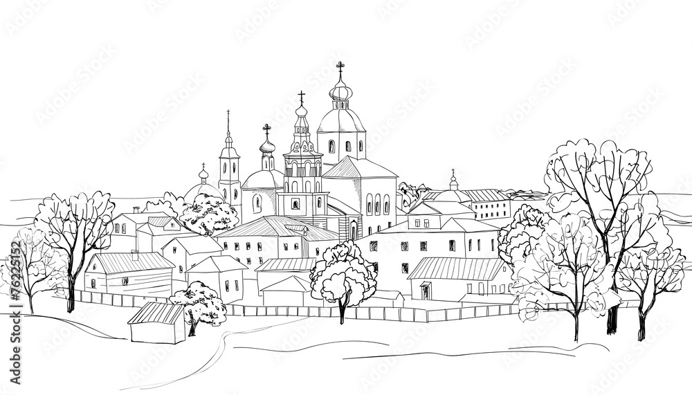 Old russian city. Sketch of view of Suzdal town. Russia