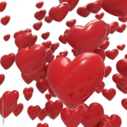 Glossy 3D red hearts background.