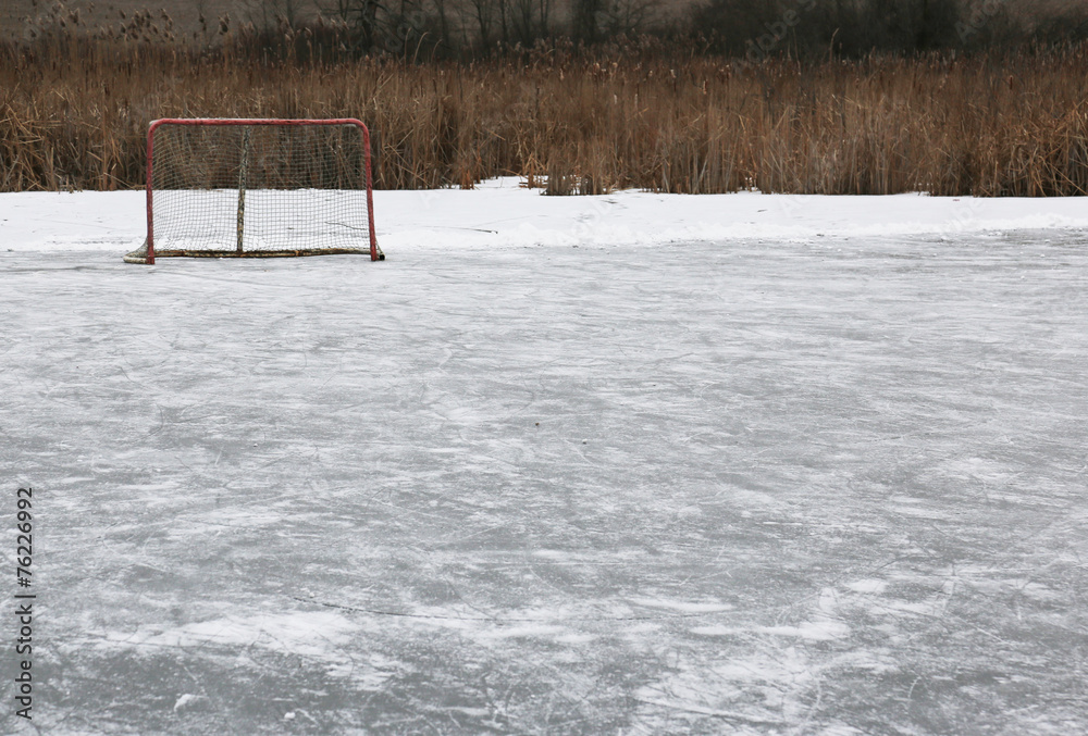 Naklejka premium A ice hockey net on an outdoor pond rink..