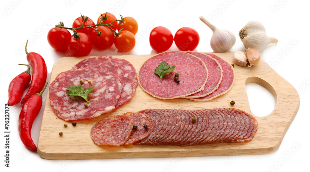 Various sliced salami with cherry tomatoes, chili pepper and Various sliced salami with cherry tomatoes, chili pepper and