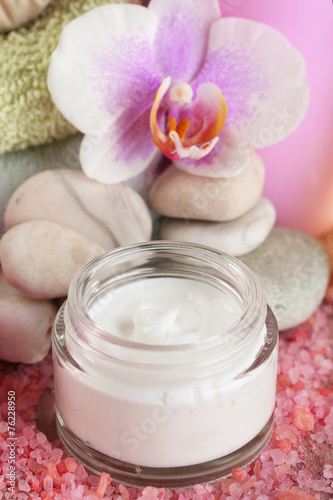 Spa treatments and cream with  orchid flower extract  close-up