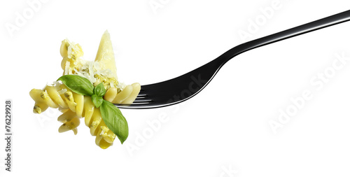 fork pasta fusilli pesto sauce, basil parmesan pine nuts photo