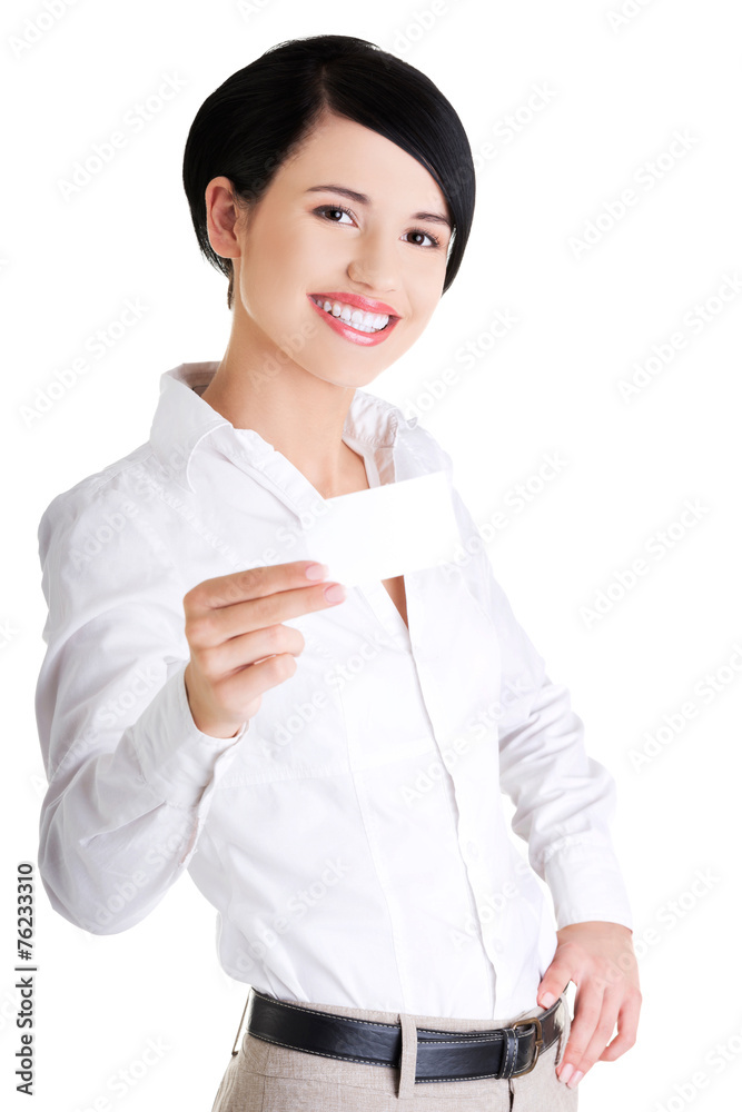 Beautiful smiling businesswoman with businesscard Beautiful smiling businesswoman with businesscard