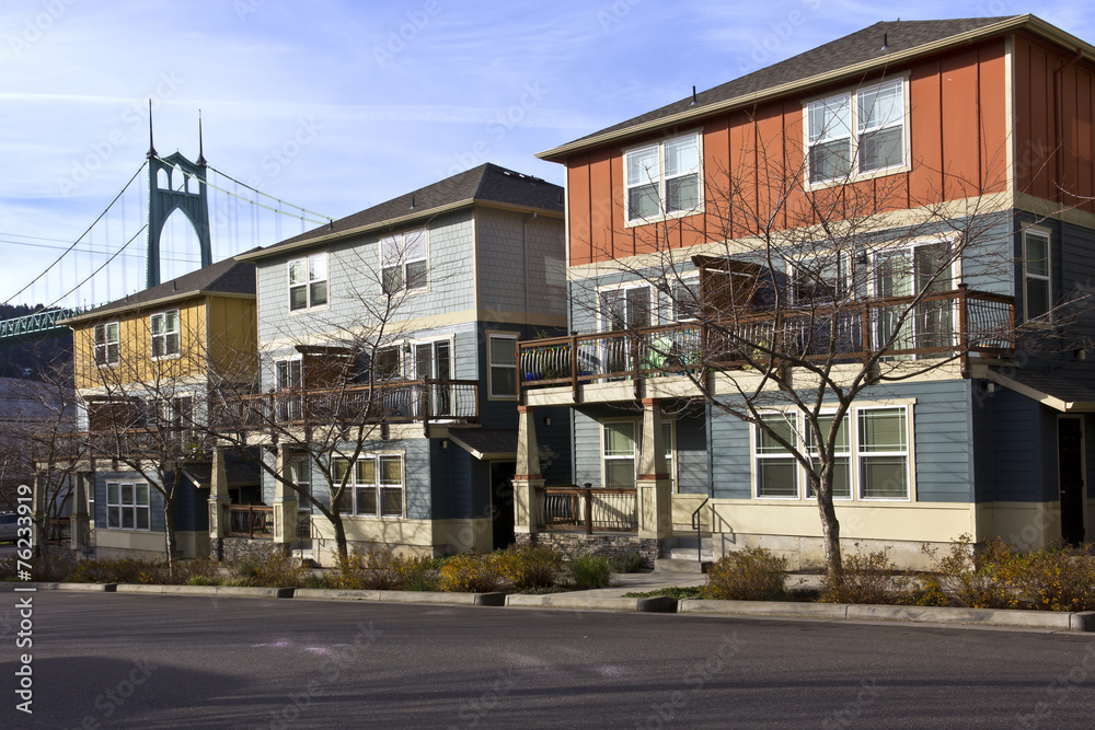 Naklejka premium Row of new duplexes homes in St John Oregon.