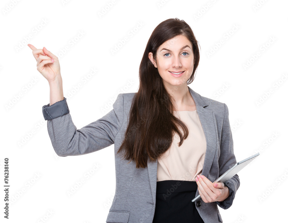 Businesswoman hold tablte and finger point up Businesswoman hold tablte and finger point up