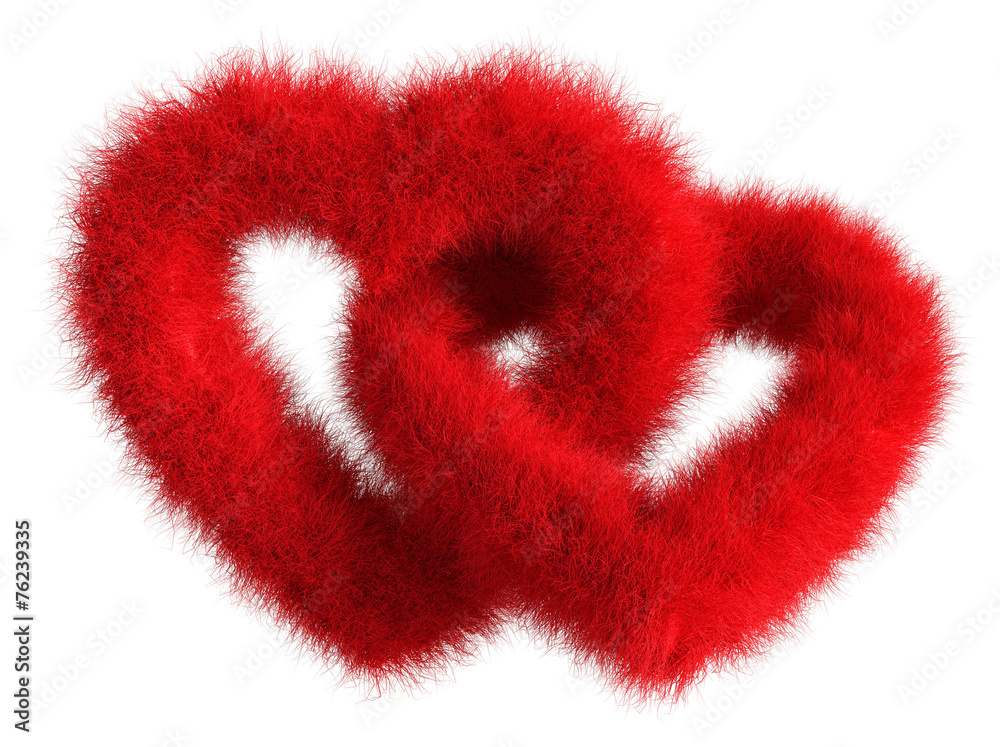 Two joined red plush hearts on white background - Isolated 3D Re Two joined red plush hearts on white background - Isolated 3D Re