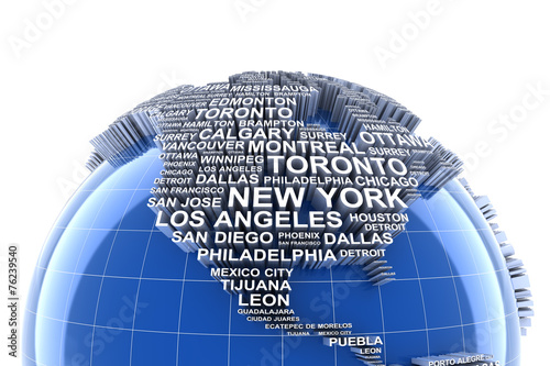 Photography Earth with names of major cities in the world