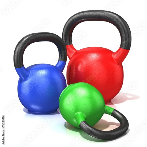 Red, green and blue kettle bells weights isolated on a white