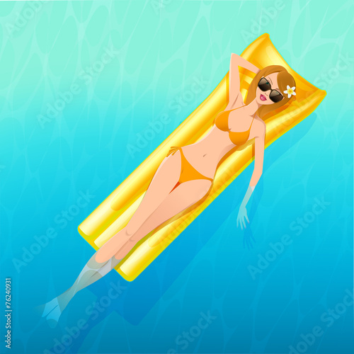 sexy girl lying on mattress, over azure water