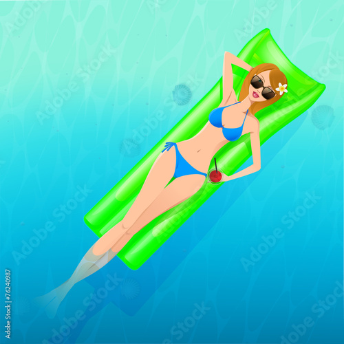 sexy girl lying on mattress, over azure water