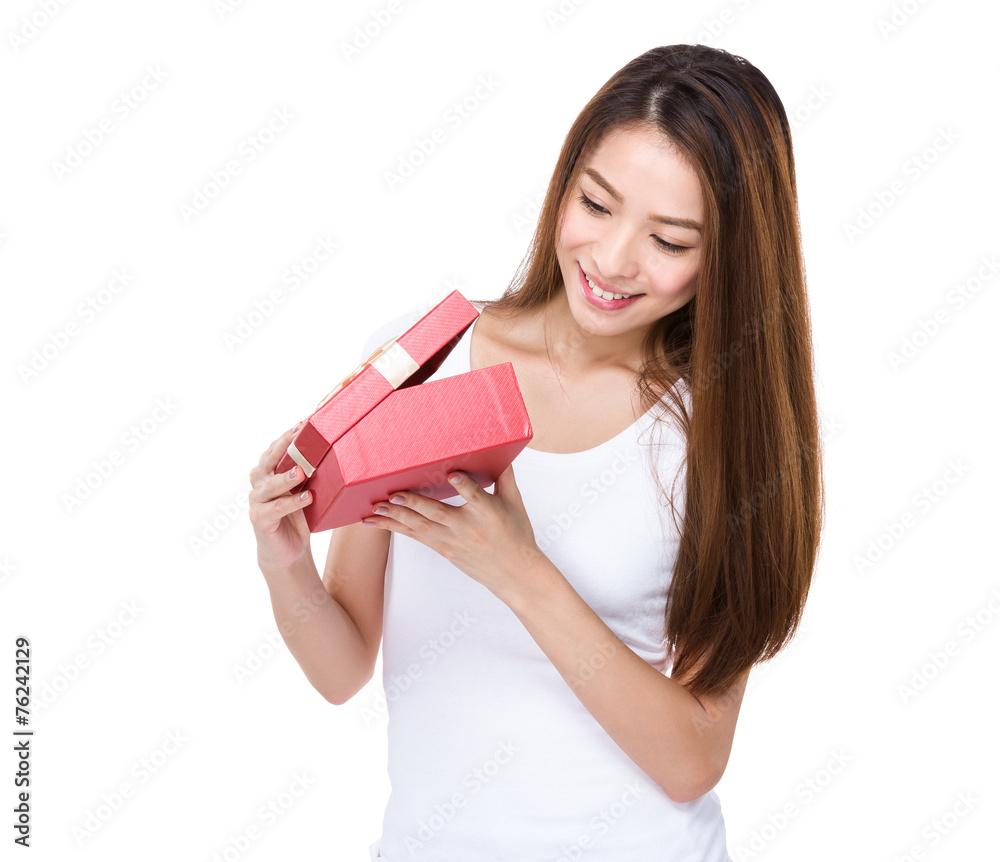 Woman open with present box