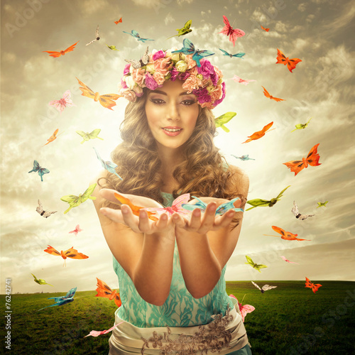 Beautiful woman surrounds many butterfly