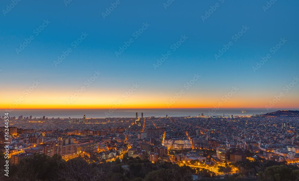 Panoramic view over Barcelona just before sunrise