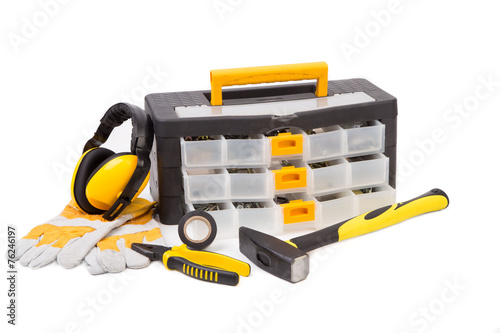 Black toolbox with tools.