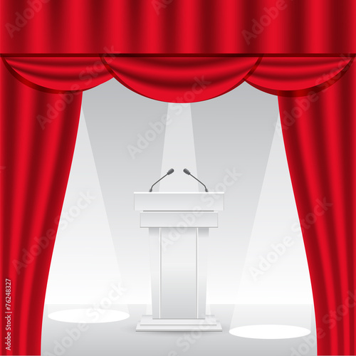Tribune on stage with red curtain
