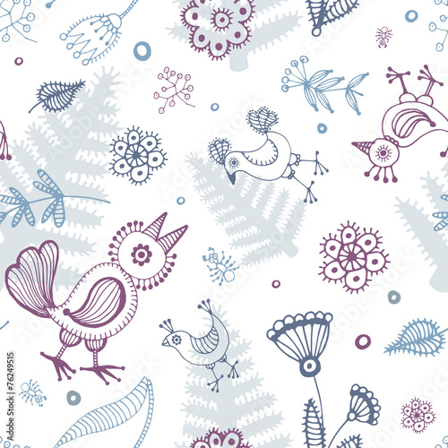 abstract seamless background, birds and flowers hand drawn patt