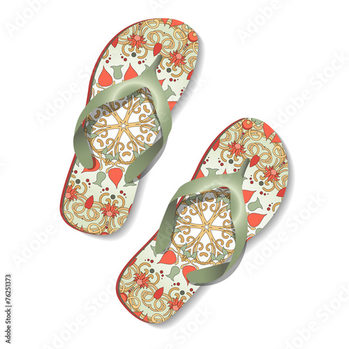 Beach sandals  with floral ornament isolated on white
