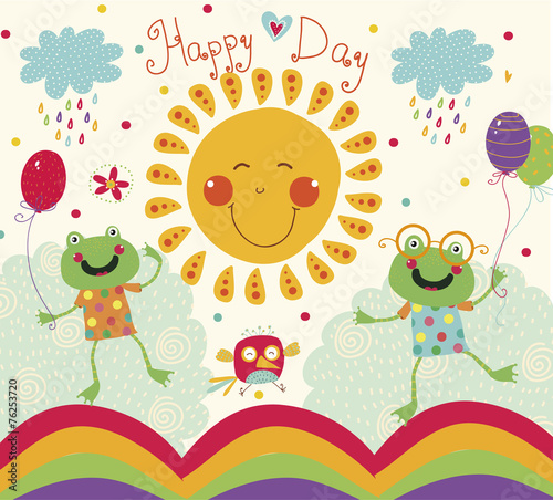 cartoon illustration with happy frogs, sun and bird. #76253720