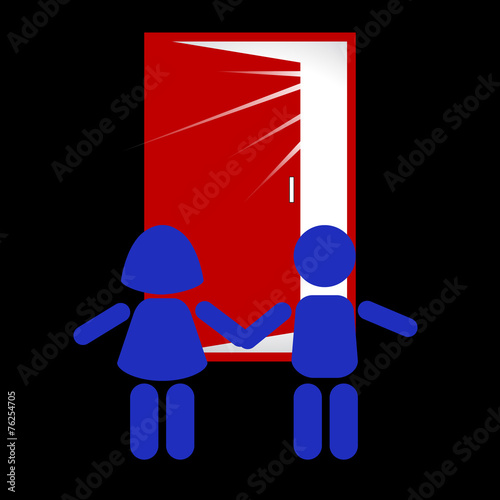 Children stand in front of the door. Out of the darkness