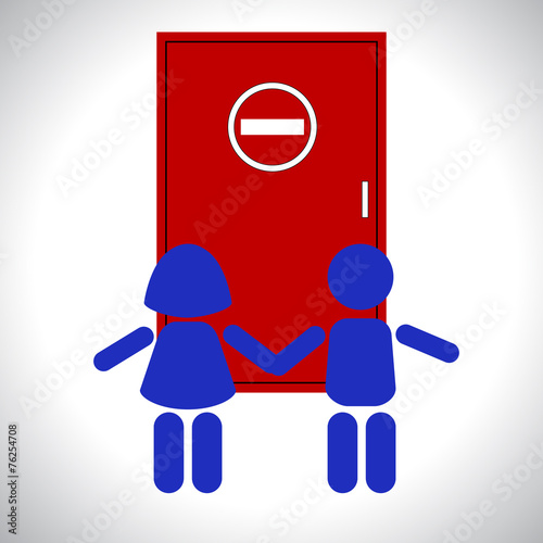 Children stand in front of a closed door. Mark entry denied