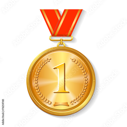 Gold medal with red ribbon isolated on white