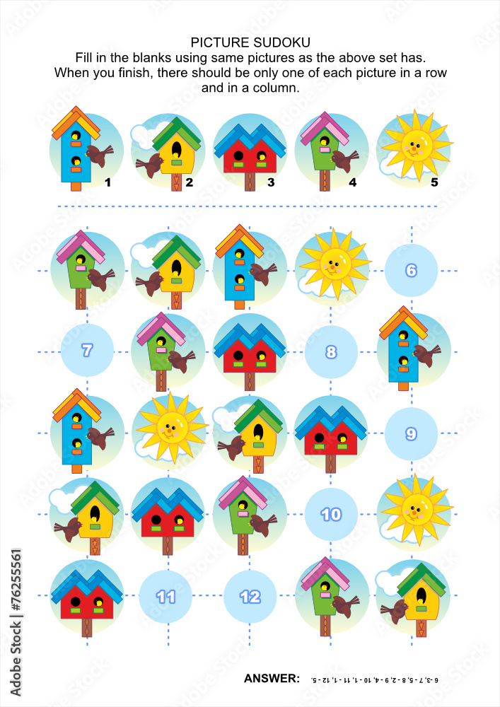 Picture sudoku puzzle with spring birdhouses