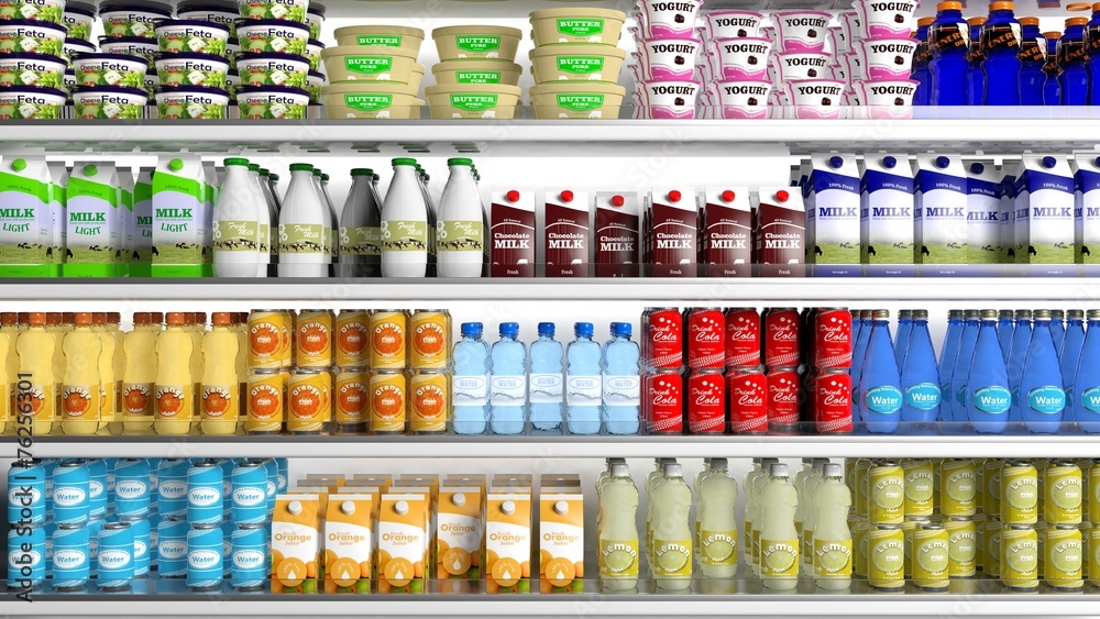 Supermarket refrigerator with various products