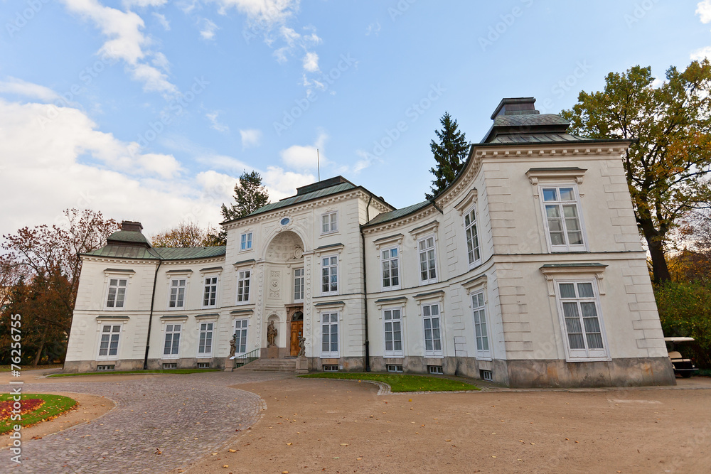Myslewicki Palace (1779) in Royal Baths Park of Warsaw, Poland